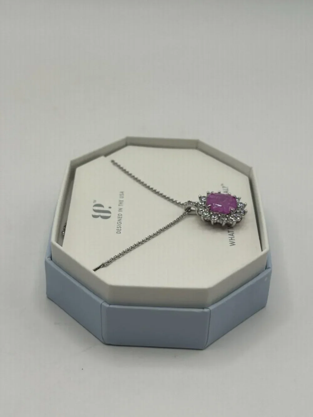 Bomb Party Necklace Pink Purple Cushion Cut Halo Silver Tone New Surprise Reveal